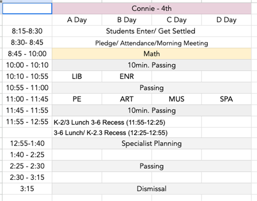 Ms. Connie's Schedule